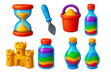 Set of colorful beach toys and sand-related items