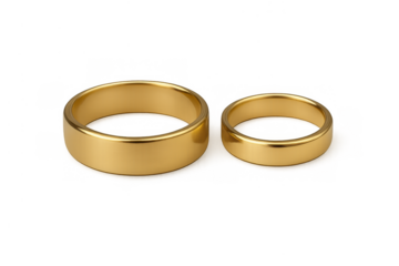 Pair of gold wedding rings representing love, marriage, commitment, and eternal union on transparent background