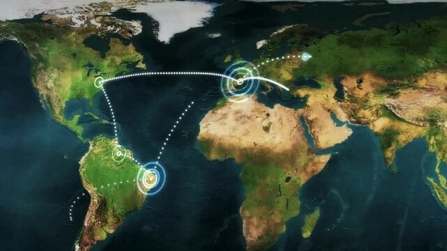 Dynamic world map animation showcasing global connection and travel routes, perfect for illustrating international business, logistics, or travel planning concepts