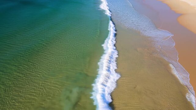 An aerial view of the ocean meeting the beach, the foamy waves roll towards the shoreline, revealing the beauty of the sea. Stock Video