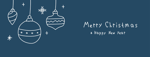 Christmas card with hanging balls. Merry Christmas and Happy New Year greetings. Vector