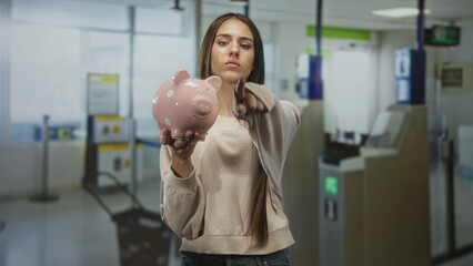 Young woman holds pink polka dot piggybank at airport checkin kiosk with outstretched hand;...