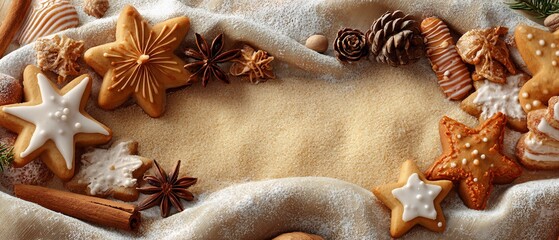 Festive Christmas Star Cookies and Cinnamon Frame with Pine Cones and Powdered Sugar for Holiday Greetings, Warm Tones and Copy Space