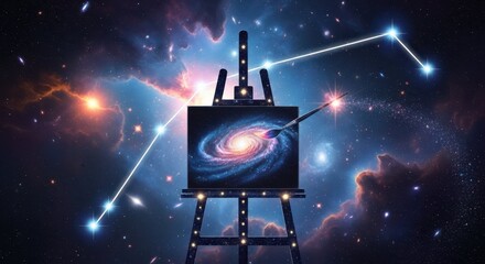 Celestial constellations painted on canvas using vibrant, swirling colors evoke cosmic wonder. Artful constellations, with glowing lines connecting stars, are depicted on easel with brush.