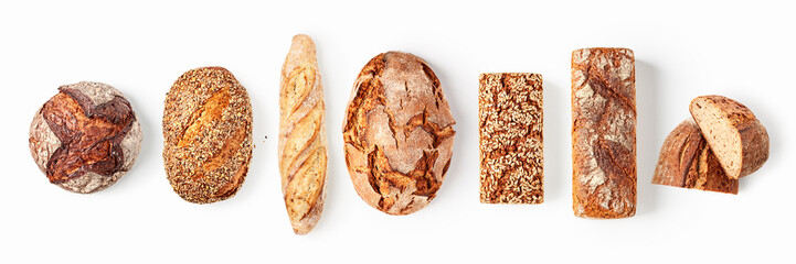 Assorted artisan breads banner isolated on white background