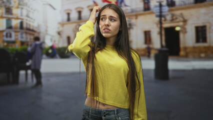 Teenage girl touching her head with hand and frowning in a street by a building, yellow sweater visible; uncertainty concern.