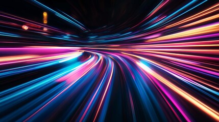 Experience the rush of vibrant neon light trails speeding through a digital tunnel, perfect for futuristic tech designs and dynamic motion graphics