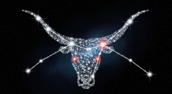 Taurus constellation shining brightly on deep black background. Astrological Taurus constellation features stars connected by lines and glowing red eyes, forming bull head.