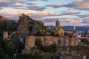 Narikala Fortress And St Nicholas Church At Pink Sunrise In Tbilisi