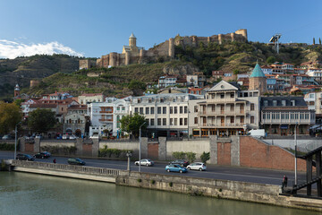 Scenic View Of Tbilisi Old Town With Narikala Fortress And Kura River