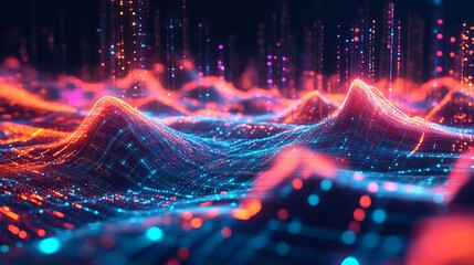 Dynamic data streams create a vibrant digital landscape, perfect for tech innovation and futuristic concepts with glowing nodes connecting the network