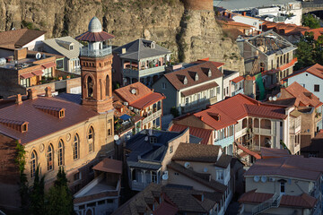 Close Up View Of Juma Mosque And Red Roofs In Old Tbilisi At Sunset