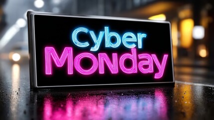 A neon sign that says Cyber Monday. The sign is on a wet road. The sign is bright and colorful