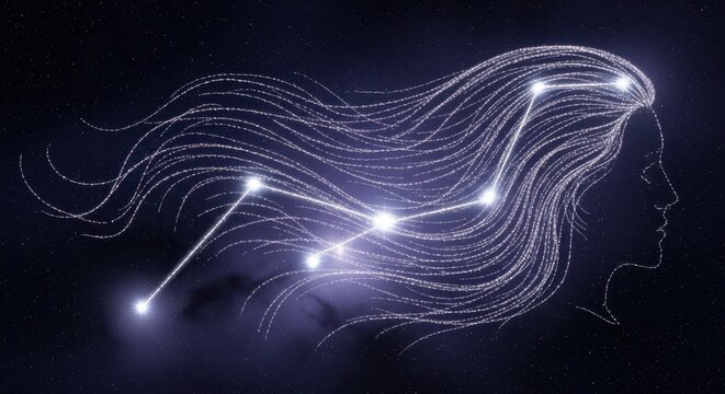 Silhouetted profile with constellation design and glowing celestial lights. Constellation pattern shines across flowing hair, forming cosmic connection,