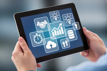 Startup concept with icon business and network connection on modern virtual interface from digital tablet.man touching on tablet.