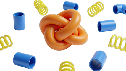 Abstract Orange Knot Surrounded by Blue and Yellow Objects on White Background