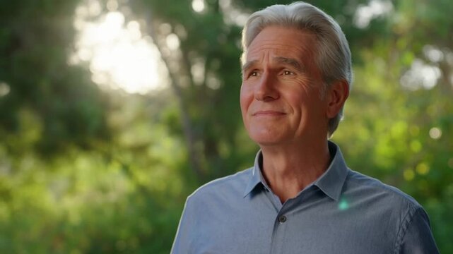A contemplative portrait of a mature man with gray hair, exudes a sense of peace and optimism Stock Video