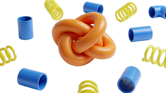 Abstract Orange Knot Surrounded by Blue and Yellow Objects on White Background