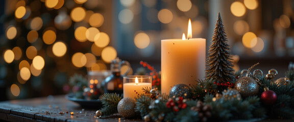 Festive candle arrangement cozy living room holiday decor warm atmosphere close-up view christmas spirit
