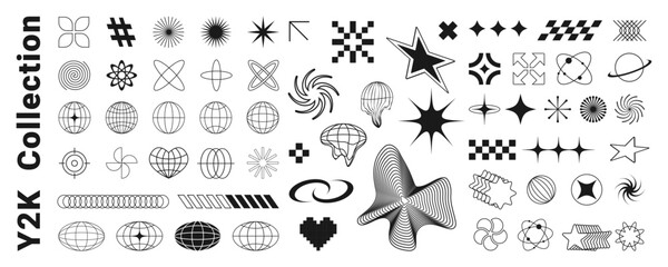 Y2K Brutalist Geometric Icons with Abstract Shapes and Symbols in Black and White Collection of Stars Spirals Globes and Minimal Graphic Marks