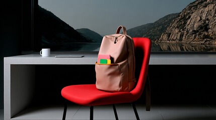 A red chair with a backpack on it sits in front of a window overlooking a lake. The scene is serene and peaceful, with the backpack and chair as the main focus