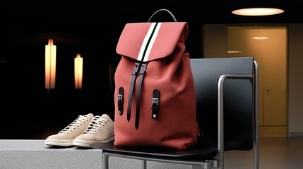 A red backpack with a white stripe sits on a black chair. A pair of white shoes are placed on the ground next to the backpack. Concept of organization and preparedness, as the backpack