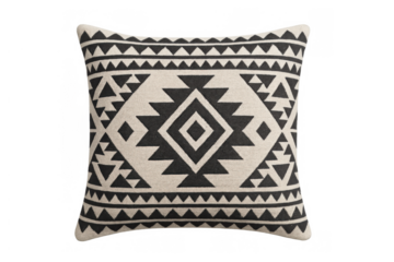 Pillow cushion featuring a black and white aztec tribal pattern, geometric textile design for home decor, transparent background