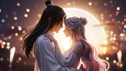 Young fantasy couple embracing intimately under a full moon with fireworks for a romantic fairytale concept and magical celebration - Powered by Adobe