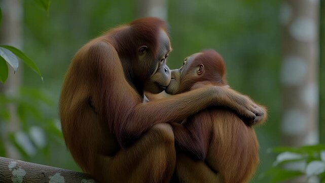 Orangutan monkeys show love and affection while sitting together in a forested area during the day