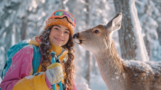 A smiling girl in winter gear shares a tender moment with a deer in a snowy forest. - Powered by Adobe