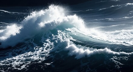 Powerful ocean wave cresting with dramatic sea foam and spray