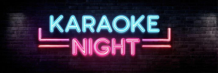 Neon sign glowing with Karaoke Night text on dark brick wall background
