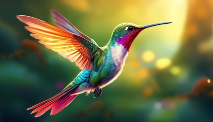 flying hummingbird with green forest in background small colorful bird in flight digital art