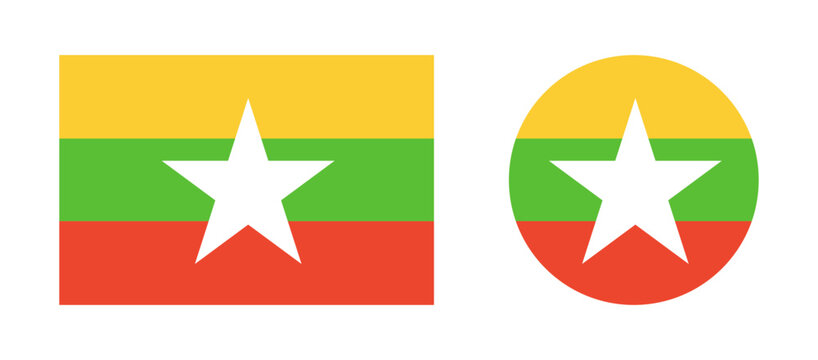 Flag of Myanmar flat icons. Round, rectangular national flag of Myanmar backgrounds. Set of circle, rectangle flag of Myanmar. Simple button, badge flag Myanmar.