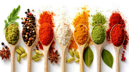 Spices seasoning herbs cooking flavor colorful wooden spoons culinary food ingredients gourmet aromatic pantry kitchen organic natural healthy