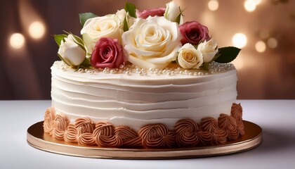 a beautifully decorated cake draped in luscious cream crowned with fresh roses perfect for any elegant celebration or special occasion