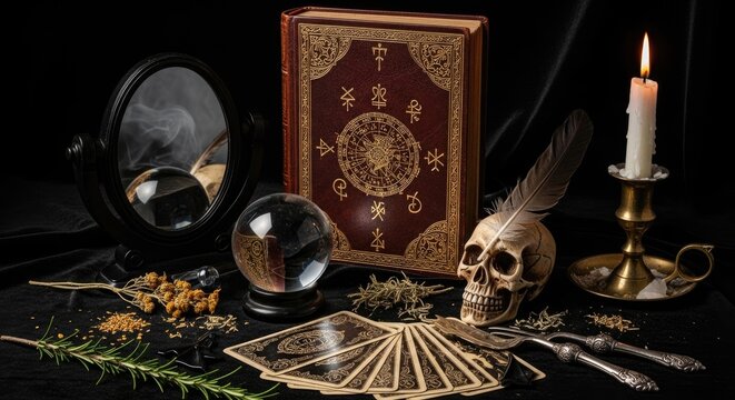 Occult scene with skull, crystal ball, tarot cards, ancient book, candle, mirror and herbs on a dark fabric. Mystical ritualistic objects, divination setup, esoteric knowledge, supernatural atmosphere