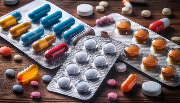 assorted pills and capsules in blister packs closeup on wooden surface great for health pharmaceutical or medical related concepts - Powered by Adobe