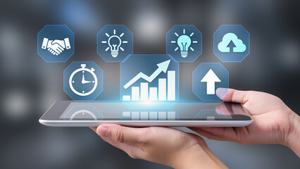 Startup concept with icon business and network connection on modern virtual interface from digital tablet.man touching on tablet.