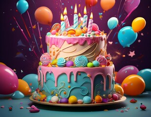 celebration birthday cake with lots of icing and decorations generative ai