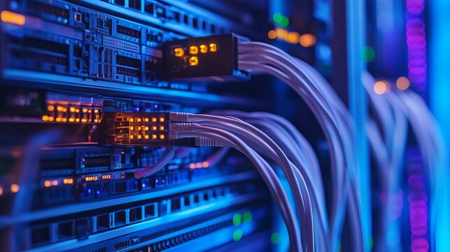 Modern server room with glowing lights and data cables, showcasing powerful network infrastructure for data storage and processing in a secure environment - Powered by Adobe