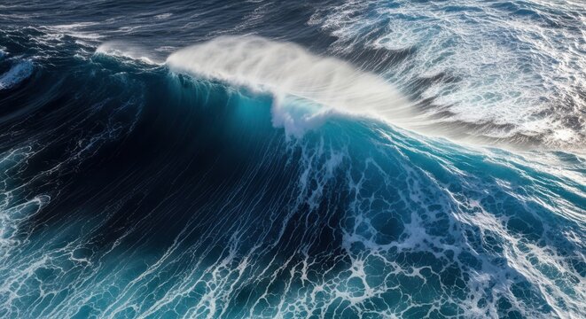 Powerful ocean wave cresting with foamy white spray and deep blue water