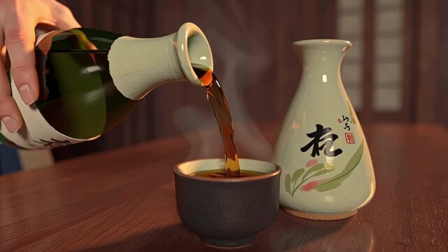 Pouring sake into drinking cup Japanese Alcohol Serving Oriental Beverage Drink Traditional Zen Social Brew