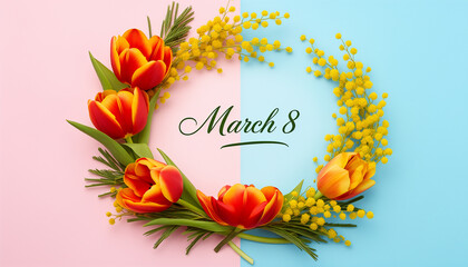 Computer illustration of a cheerful card for March 8th with bright tulips and mimosa branches
