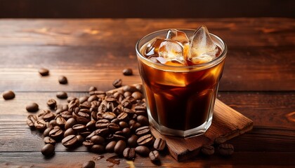 black iced coffee with espresso beans on a brown vintage desk