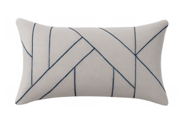 Modern geometric decorative pillow cushion with abstract pattern and contrasting dark lines on white textile, transparent background