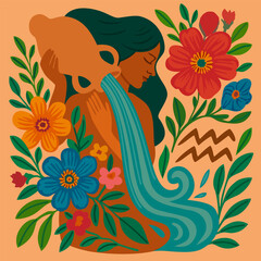 Aquarius zodiac sign in boho style. Nymph with jug from which water pours. Vector composition surrounded with flowers