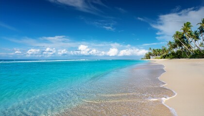 a tranquil beach with pristine blue waters and soft waves the sandy shore is dotted with seashells while distant palm trees sway under a sunny sky with scattered clouds