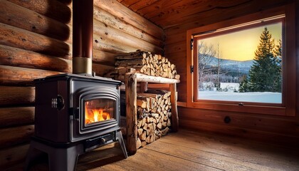 traditional log cabin wood stove with stacked firewood glowing brightly in rustic interior