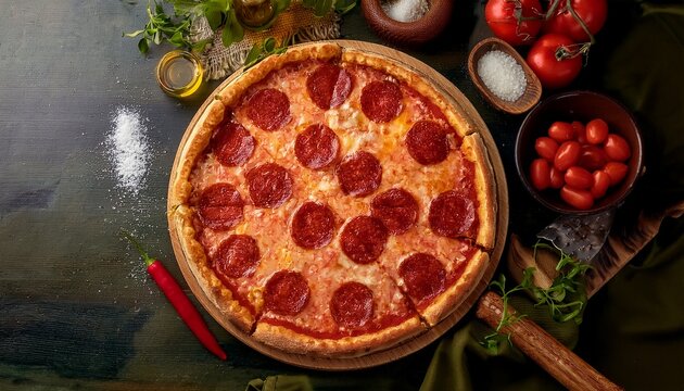 a rustic pizza with pepperoni is prepared with fresh ingredients perfect for food blogs or promoting homemade pizza recipes